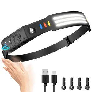 Portable Camping Rechargeable Headlight, Waterproof LED Headlight with Motion Sensor, Yellow and White Light. USB C Headband Flashlight Adjustable Headlamp