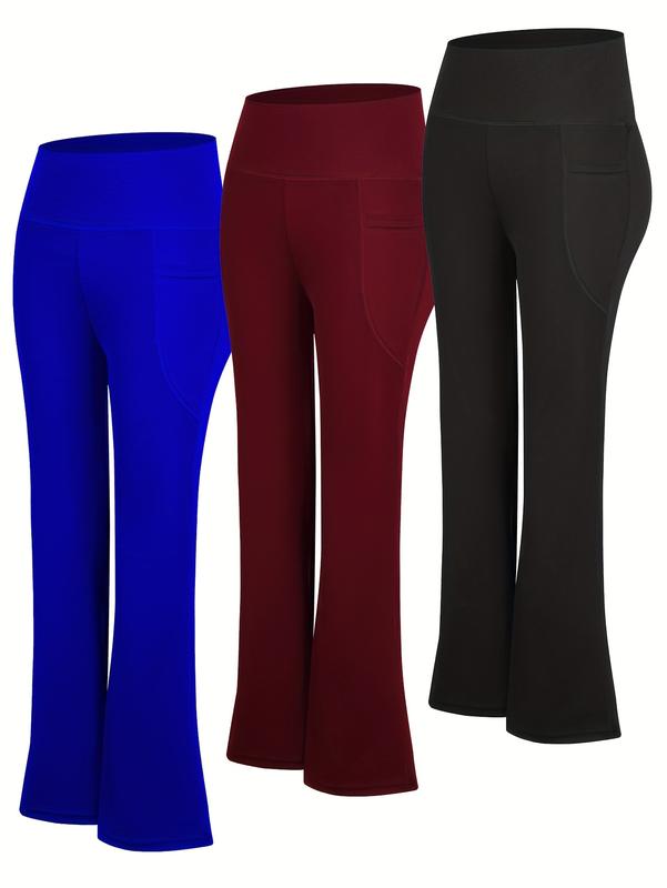 3pcs High Waisted Flare Pants with Side Pockets Tummy Control Stretch Workout Lounge Black Basic Fitted Minimalist Leggings Soft High-Elastic Gym Tights