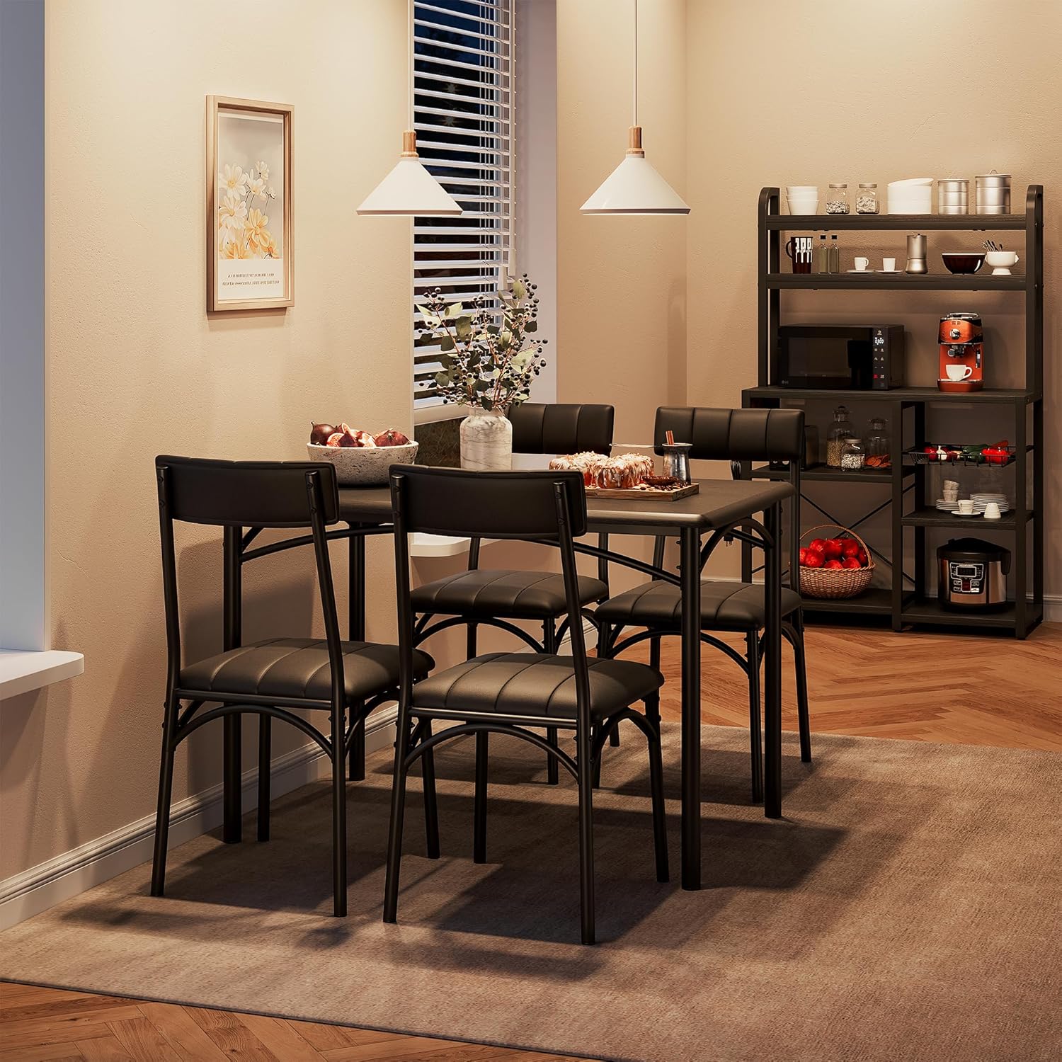 Kitchen Table and Chairs for 4, Rectangular Dining Set with Upholstered Chairs, 5 Piece Dining Table Set, Perfect for Home Dining Room Hotel Small Spaces