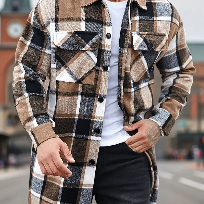 Men's plaid check long coat, Plaid checked outerwear, Long Sleeve, with a buttoned lapel, loose fit, front button pockets, suitable for daily wear in autumn and winter, comfortable and warm, men's trench coat, Jackets