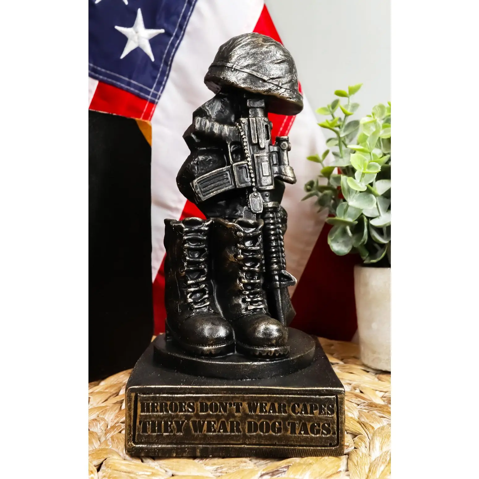 Ebros Patriotic Fallen Soldier Memorial Sculpture Set - Rifle, Helmet, Boots, Dog Tag Decoration with Pedestal, Ideal Gift for Home Decor Statues & Figurines, Military Personnel And Their Families