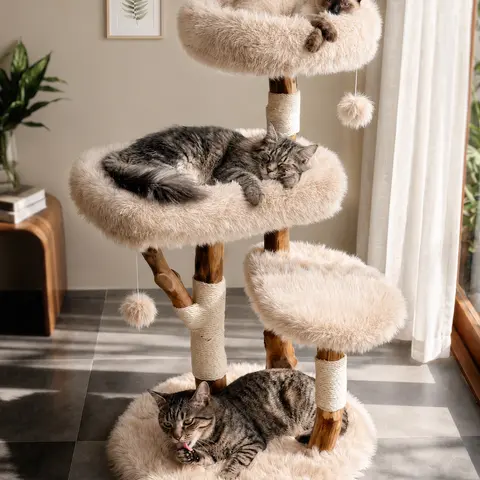 Modern Cat Tree for Large Indoor Cats, Aesthetic Cat Tower with Oversized Faux Fur Perches, Real Wood Branches, Sisal Scratching Posts & Modern Cat Furniture