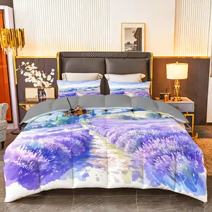 3pcs (1 comforter + 2 pillowcases) All-Season Soft Bedding Set with Lavender Watercolor Landscape Print, Hypoallergenic, Wrinkle & Fade Resistant, Easy-Care, Queen/King/Full Size, Durable Fabric for Bedroom Guest Room Home Dorm