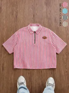 Unisex Striped Half-Zip Short Polo Shirt, Vintage Street Style Aesthetic, College Wind Top, Label Design, Casual Fashion Blouse, Classic