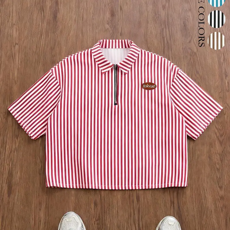 Unisex Striped Half-Zip Short Collared Polo Shirt, Vintage Street Style Aesthetic, College Wind Top, Label Design, Casual Fashion Blouse, Classic