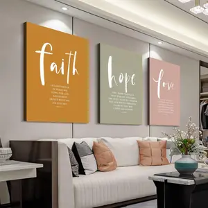Hanging Religious Artistic Decor: 3-Piece Faith Hope Love Canvas Print Set - Bible Verses in Hebrew, Christian Wall Art Gift for Bedroom, Office & Cafe Ornaments Decoration Photo