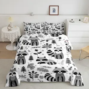 Cute Raccoon Bedding Set,for Kids Boys Girls Adults,,Raccoon Gift Bedding Set,Ultra Soft Boho Leaves Comforter Woodland Animals,Duvet Set Room Decor Animals Quilt Set