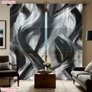 2D Flat 2Pcs Abstract Black & White Swirl Pattern Semi Sheer Curtains, Rod Pocket Window Drapes for Living Room Bedroom Home Decor, Privacy Semi-Blackout Treatments