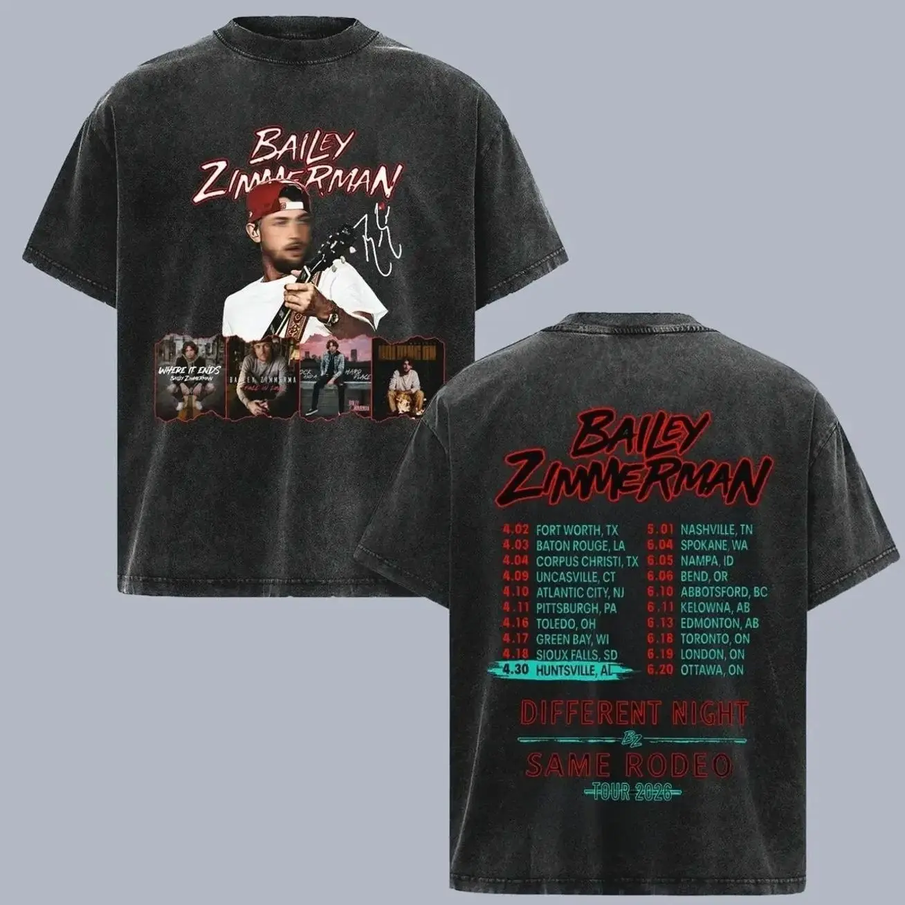 Bailey Zimmerman Different Night Same Rodeo Tour 2026 Vintage Washed T Shirt, Double Sided Country Music Graphic Tee, Album Cover Collage Concert Shirt, Retro Western Cowboy Merch, Oversized Heavyweight Unisex Fan Gift Tee for Country Music Lovers ZBZ