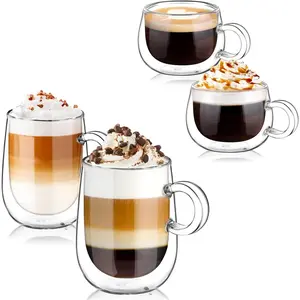 Espresso Cups - 4 Oz Double Walled Glasses, 12 Oz Latte & Cappuccino Cups - Clear Glass Coffee Mugs Set of 2 with Handle - Insulated Borosilicate Double Wall Glass Coffee &  Cup