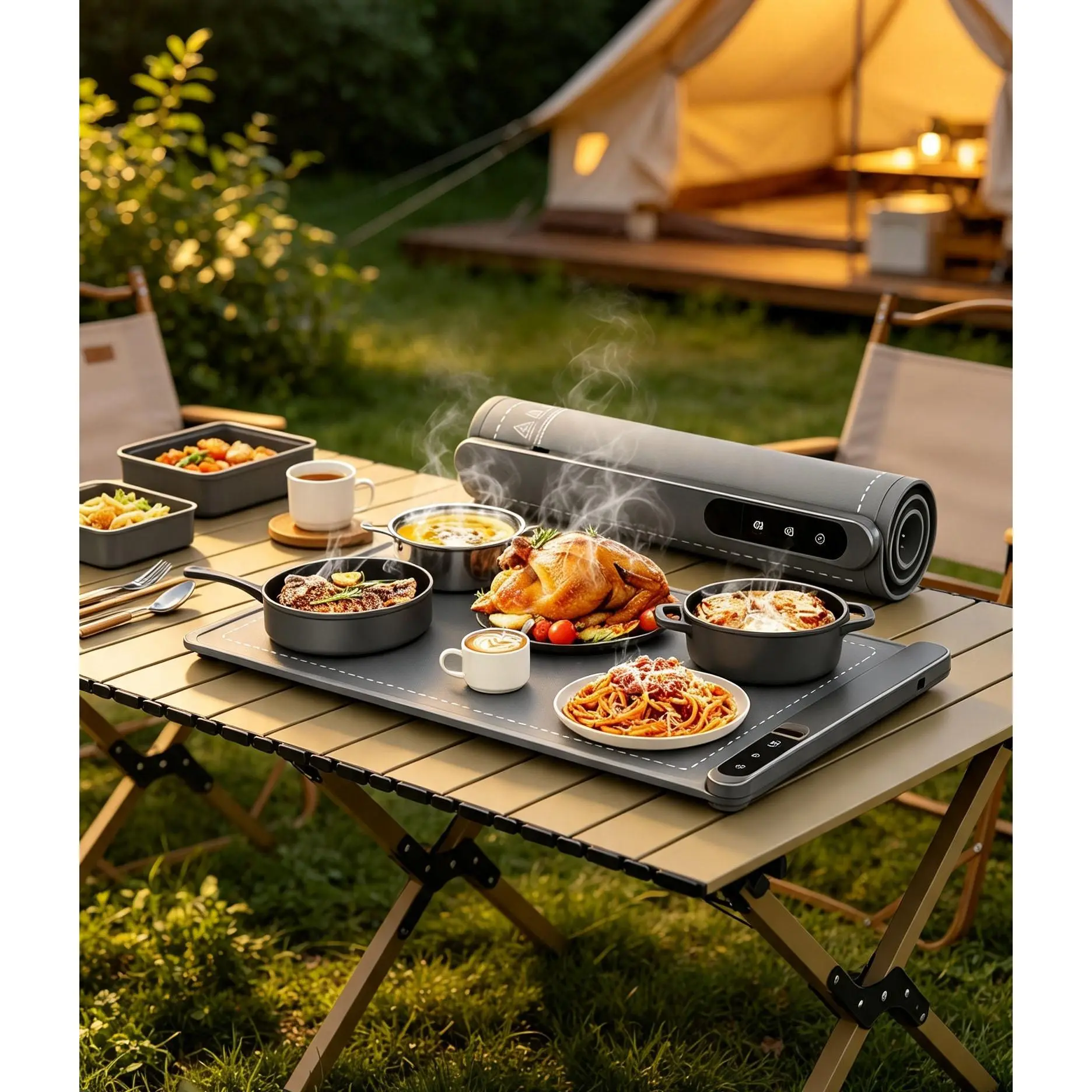 Rollable Electric Food Warming Mat, 500W Graphene Even Heating, 6 Temperature Settings & Safety 6‑Hour Timer, Reusable Flexible Silicone Pad for Home Buffet, Holiday Dinner and Large Family Gathering