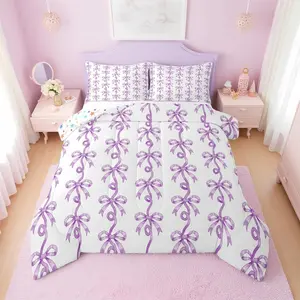 Purple Bow Tie Comforter Set,| Cute Coquette Bows Bedding Set,for Girls Kids,Purple Ribbon Bowtie Striped Bed Set,Aesthetic Bow Knot Room Decor