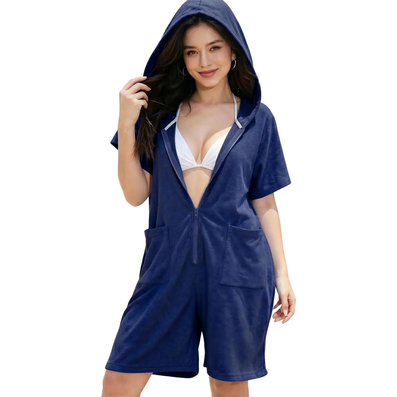 Wyeysyt Women's Terry Cloth Romper Zip Up Towel Rompers Swim Cover Up Hooded Beach Pool Outfit with Pockets