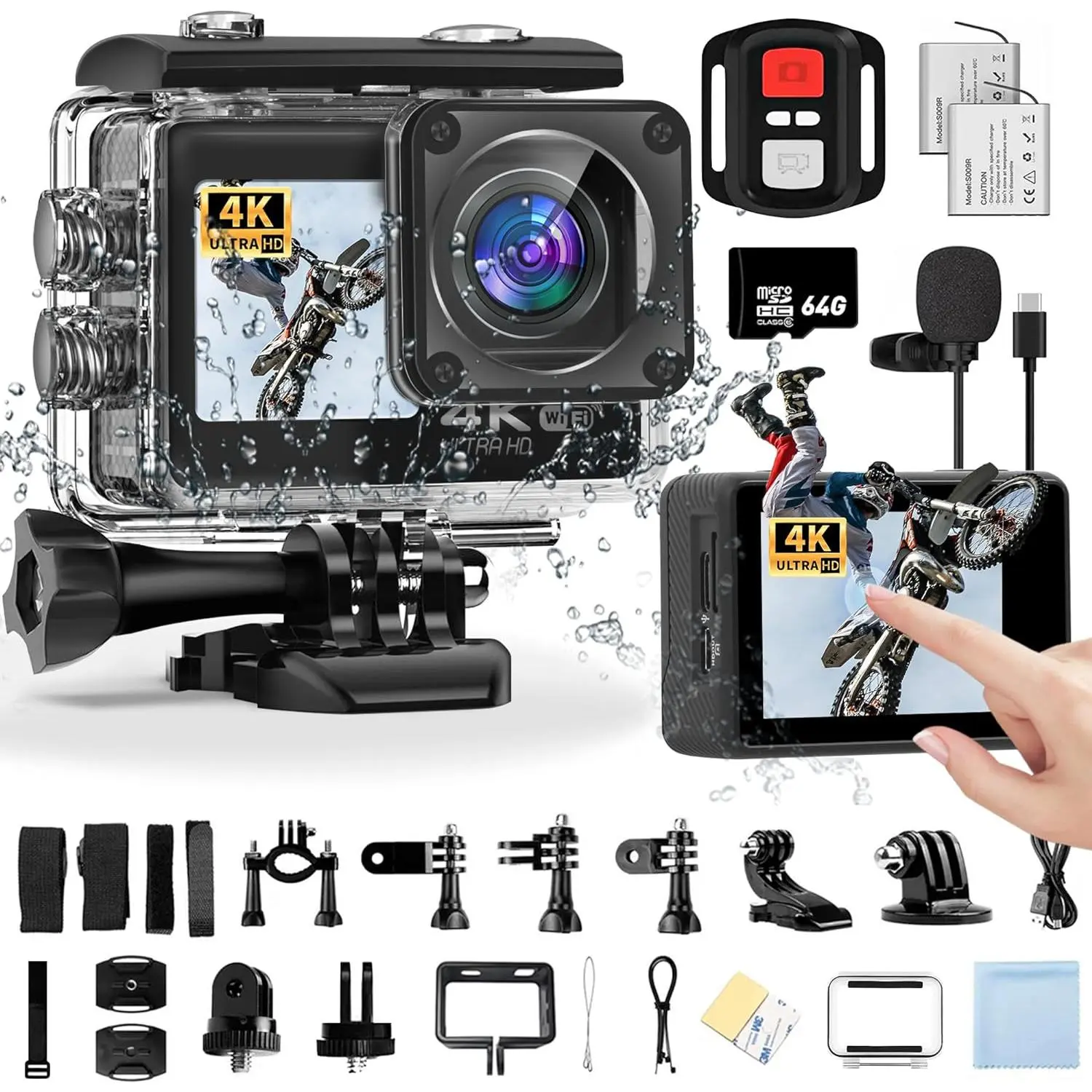 4K Action Camera, Sports Video Camera WiFi with Touch Screen Dual Screen 131FT Underwater Camera Waterproof, EIS 2.0, 170° Wide Angle, Zoom, 2 Batteries and Accessory Kits for Vlog
