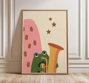 [SALE UP TO 50% + FREE SHIP] Whimsical Frog Wall Art, Cute Animal Poster, Modern Kids Room Print with Playful Trombone and Stars