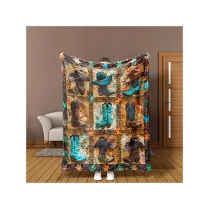 Vibrant Teal & Brown Western Cowboy Boots & Hats Patchwork Quilt Blanket