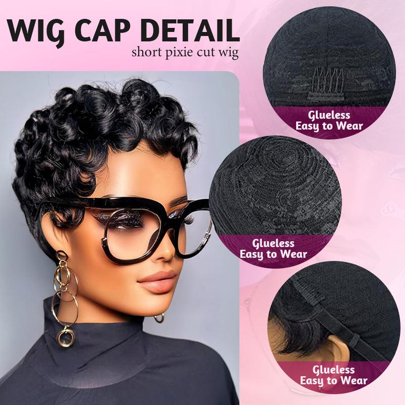 ShowReal 025 Short Pixie Cut Wig Wavy Pin Curls Black Mommy Wig Curly Bomb #99J #1B/30 #4 #1B/4/27 #4/30/4 Colorful Brizalian Virgin Human Hair Cute Style Wigs For Black Women