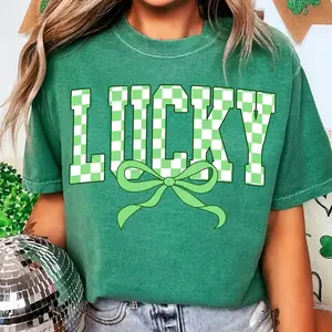 Retro Checkered Lucky St. Patrick’s Day Sweatshirt, Coquette Shamrock T-Shirt, St. Patty’s Day Crewneck, Irish Holiday Clothing