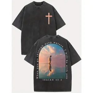 Cross & Isaiah Verse Graphic Washed Cotton T-Shirt, Vintage Distressed Heavyweight Tee, Double-Sided Print Christian Streetwear, Oversized Drop Shoulder Y2K Summer Shirt, Retro Faith Aesthetic Top Gift