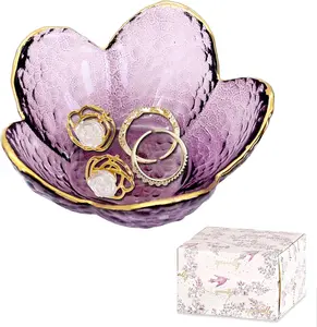 Purple Flower Jewelry Dish 5"D x 4.4"W x 1.57"H Glass Ring Dish Jewelry Tray Cute Vanity Organiser Room Decor Aesthetic Nightstand Bathroom Decor Trinket Dish Ring Holder Dish Jewellery Tray Valentine's Gifts for Women