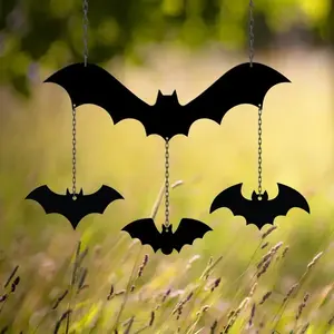 Unique Bat-Shaped Metal Logo Wind Chime, Spooky Halloween Decoration, Outdoor Garden Decor, Iron Pendant with Rustic Finish
