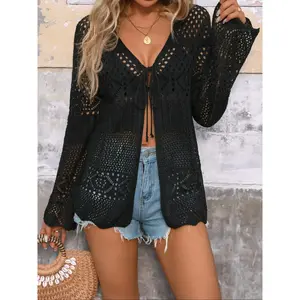 【Plus Size】 Solid Color Hollow Out Tie Front Cardigan, Casual Long Sleeve Open Front Knitwear for Daily Wear, Women's Plus Clothing for All Seasons, TopsGift