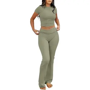 ANRABESS Lounge Sets for Women 2 Piece Foldover Yoga Flare Leggings Pants Crop Tops Casual Y2K Outfits Matching Tracksuit Set