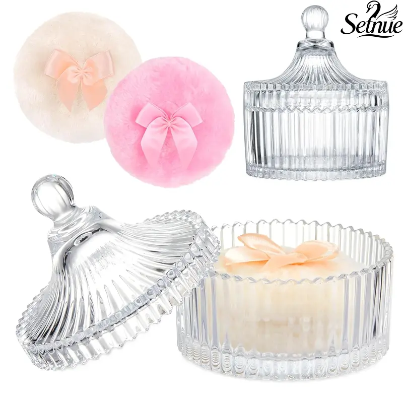 Dusting powder jar body puff set: includes2 pcs 3.54" powder puffs and 1 pc 5.3x3.9" powdercontainer; large dusting powder for women' s body