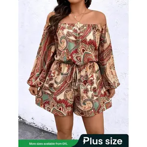 ��plus Size��women's Ethnic Pattern Off Shoulder Drawstring Romper, Boho Casual Bishop Sleeve Casual Fit Jumpsuit for Summer, Women's Bohemian Clothes for Daily Wear, Womenswear, Lady Floral Print Overalls, Bohemian Dungarees