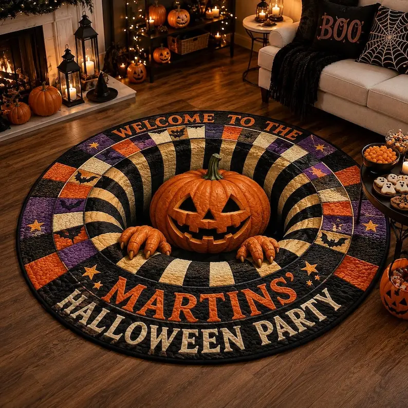 Personalized Halloween Decor 3D Pumpkin Abyss Round Area Rug Custom Family Name Welcome Mat Optical Illusion Holiday Party Floor Carpet Non-Slip Accent Rug Gift