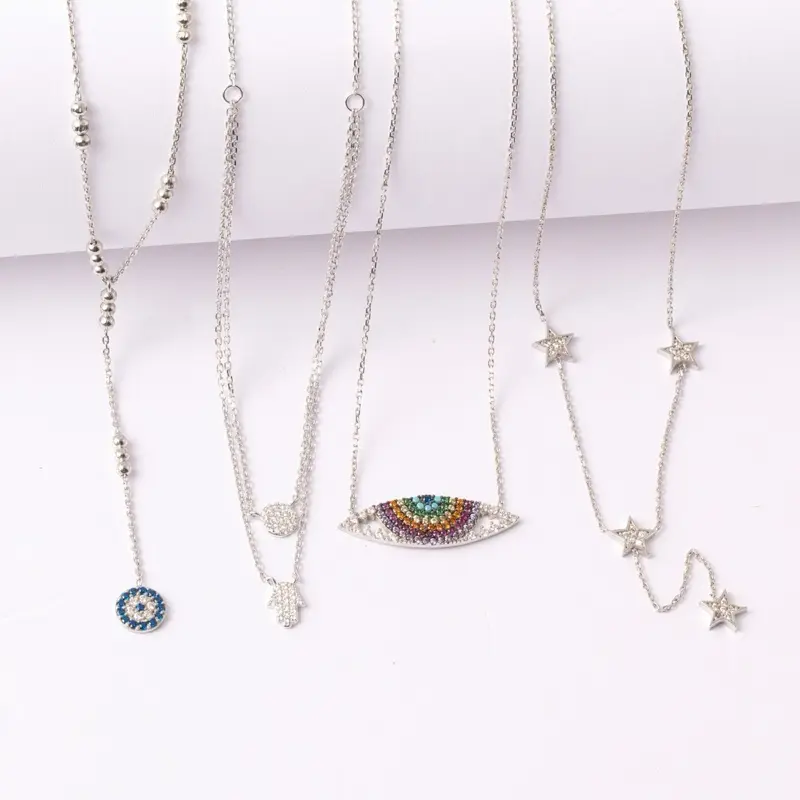 925 Sterling Silver Adjustable Engagement Necklace - 1mm Rhodium-Plated 16in+50mm Extension Chain, Evil Eye, Hamsa Hand, Stars, Rainbow Eye Symbols, Family Meaningful Versatile Accessory for Jewelry Lovers