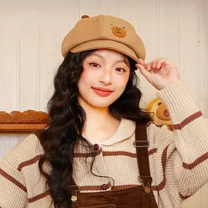 Cute Kirby Party Beret Hat for Women, Lightweight Material with Ears and Embroidered Face Pattern, Comfortable and Breathable for Birthday Parties and Themed Events