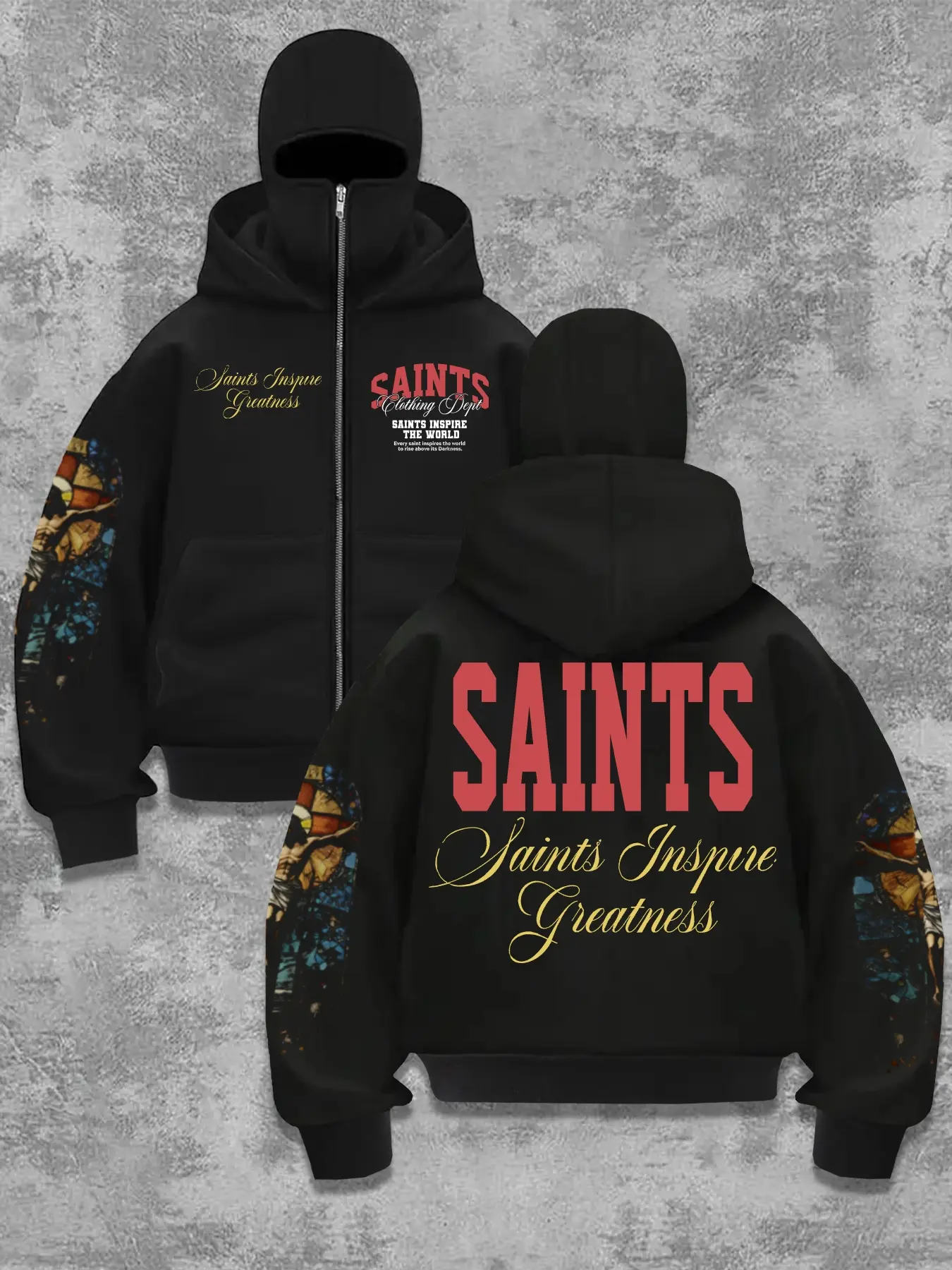 Men's Fall Winter Barakabra Zip Hoodie, Saint Theme Print, Colorful Glass Jesus Pattern, Gold Contrast, Warm Casual Hooded Sweatshirt