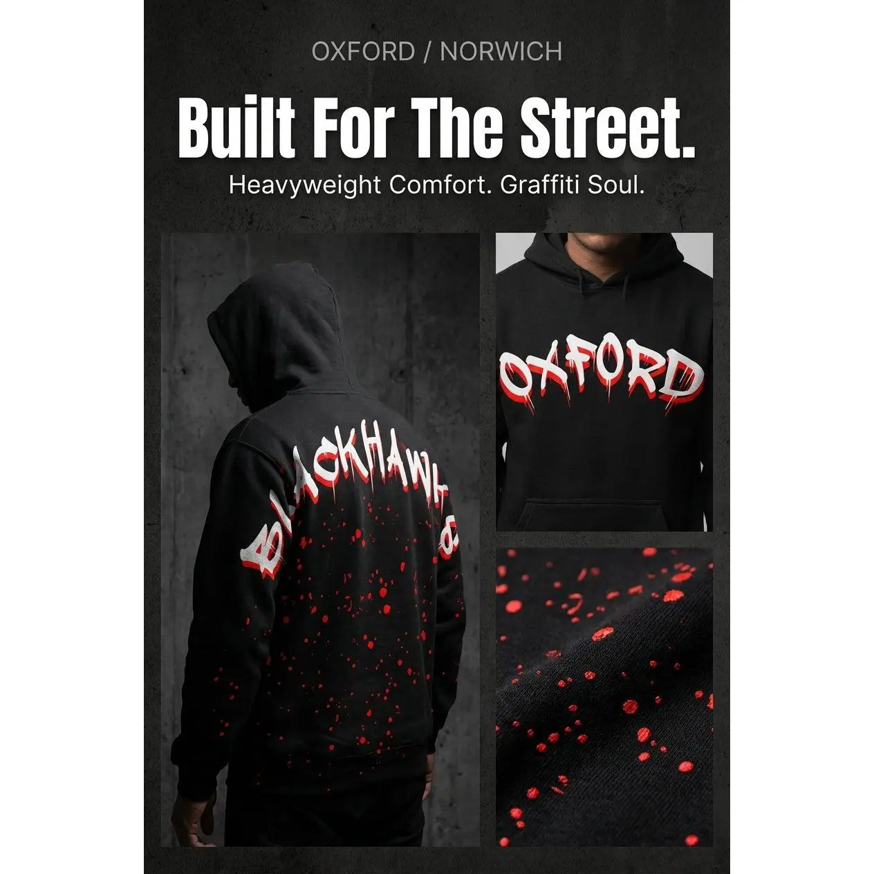 Oxford Blackhawks And Norwich Tornado Heavyweight Hoodie Graffiti Print