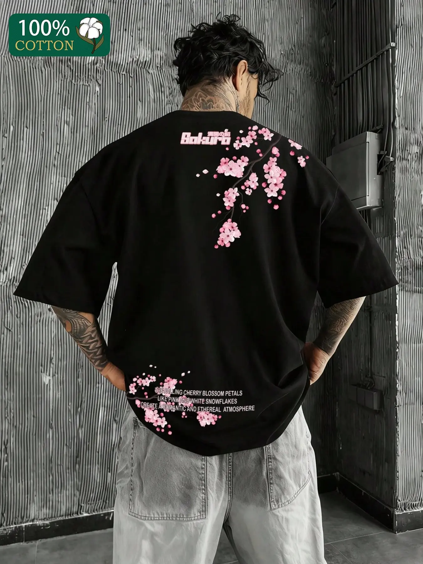 Men's 100% Cotton Loose Fit Short Sleeve T-Shirt, Japanese Cherry Blossom Back Print, Summer Casual Fashion Breathable Streetwear, Large Size Daily Wear