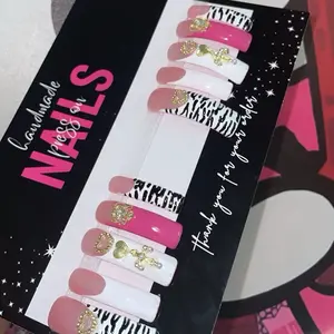 Handmade Nails Curved Press On Charm Nails with Zebra Print and Gold Accents Thank You for Your Style