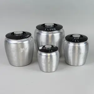 Vintage Aluminum Canister Set of 4 Flour Sugar Coffee Tea with Black Lids & Silver Knobs for Retro Kitchen Decor