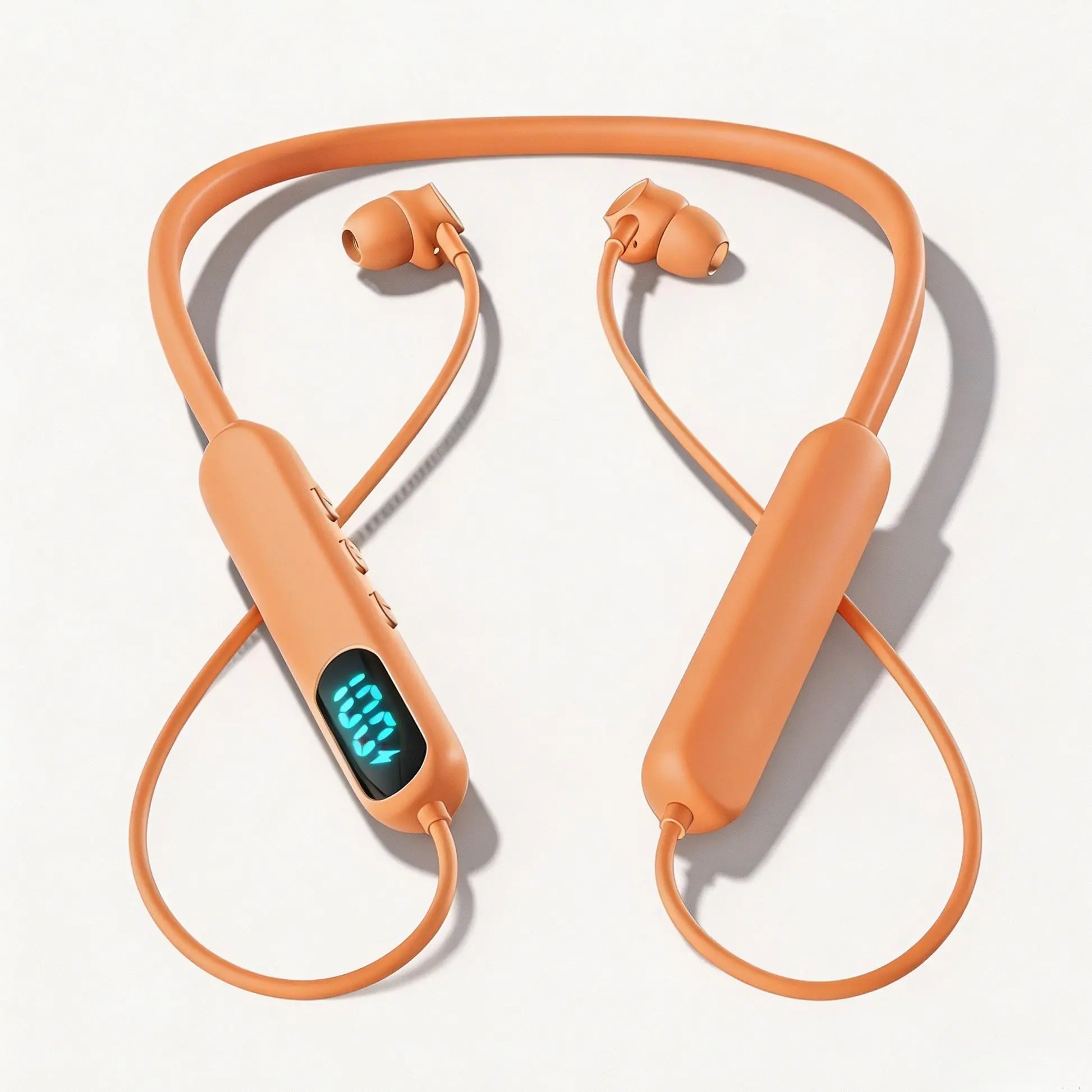 Bright Orange Hi Vis Neckband Headphones Digital Power Display IPX5 Sweatproof 48HR Battery Safety Bluetooth Earbuds with Mic for Warehouse Workers Hands Free Calling Dual Device Touch Control Audio Connection