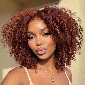 UNice 250% Density Reddish Brown Fluffy Layer Kinky Curly with Burmese Curly Ends Wig No Slip Glueless Pre-cut 7x5 HD Lace Closure Human Hair Wigs with Layer Finger Coil Ends 16inch Beginners Friendly Natural Looking summer wig