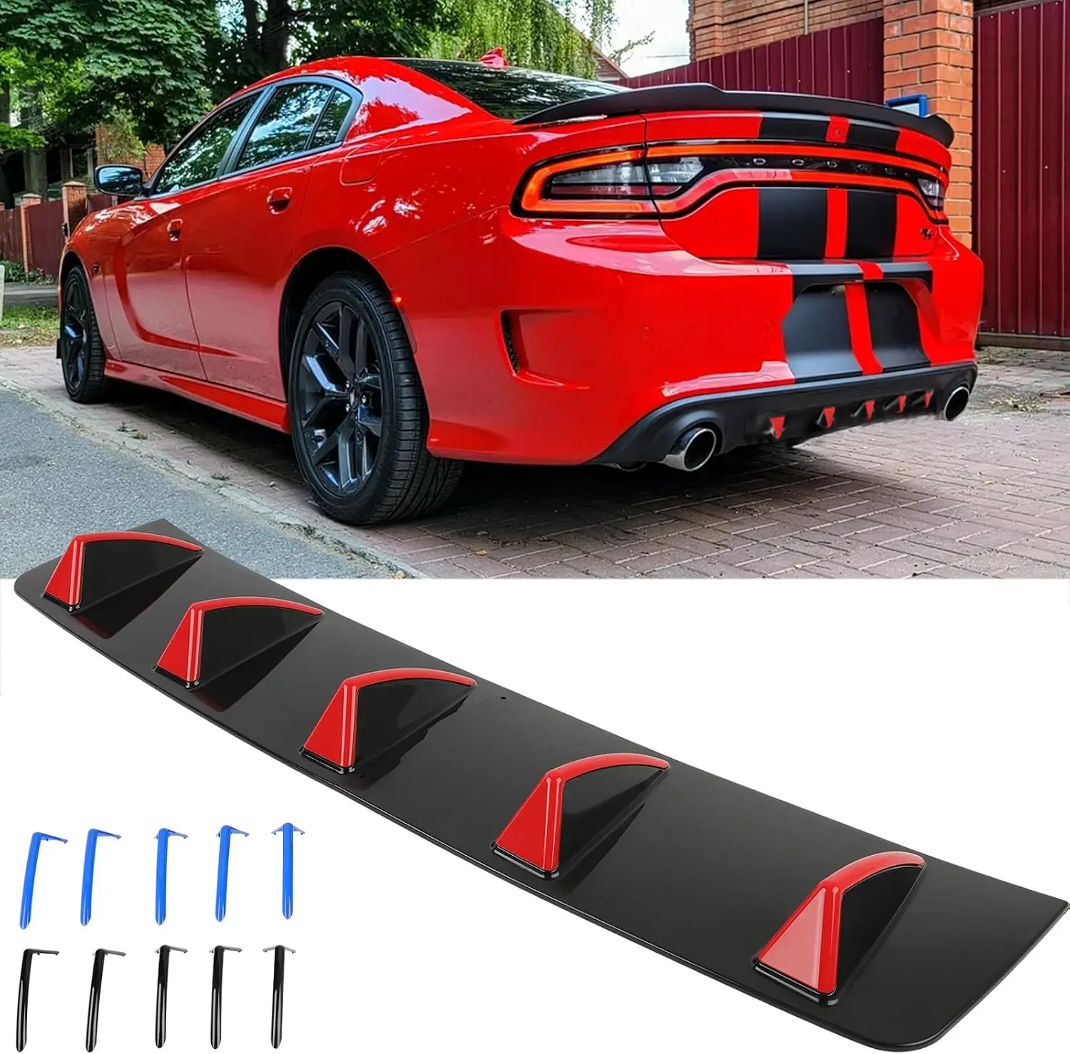Black Carbon Fiber Rear Diffuser Universal Bumper Diffuser Bumper Lip Splitter Spoiler Shark Fins Compatible with Chrysler 300 Infiniti G37 Mercedes-Benz W204 W205 Dodge Charger