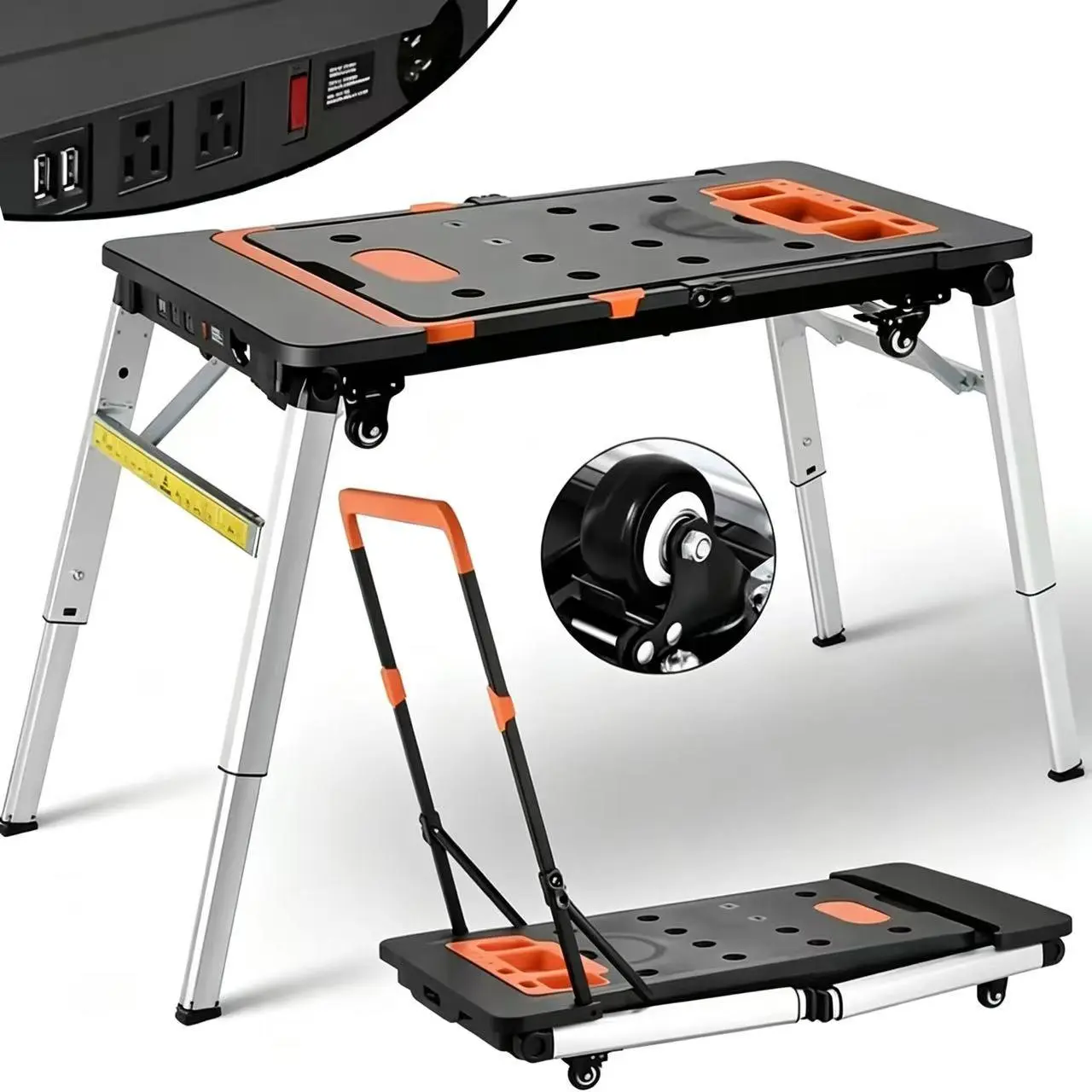 LEADALLWAY 550 lb 7-in-1 Heavy-Duty Steel Frame Folding Tables, Electric Workbench with Built-in Power Outlet, 2 Adjustable Heights (20.47"-30.7"), Mobile Sawhorse for Garage Jobs & Repair Creeper Use