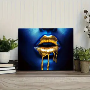 Modern Abstract Lips Canvas Wall Art - Vibrant Blue & Golden Metallic Lips Design, Wrapped Wood Frame, Ready To Hang Contemporary Home Office Decor, Mother's Day Gift Idea, Office Wall Decor, Artistic Interior Accent, 2D Flat, Perfect For Room Decor