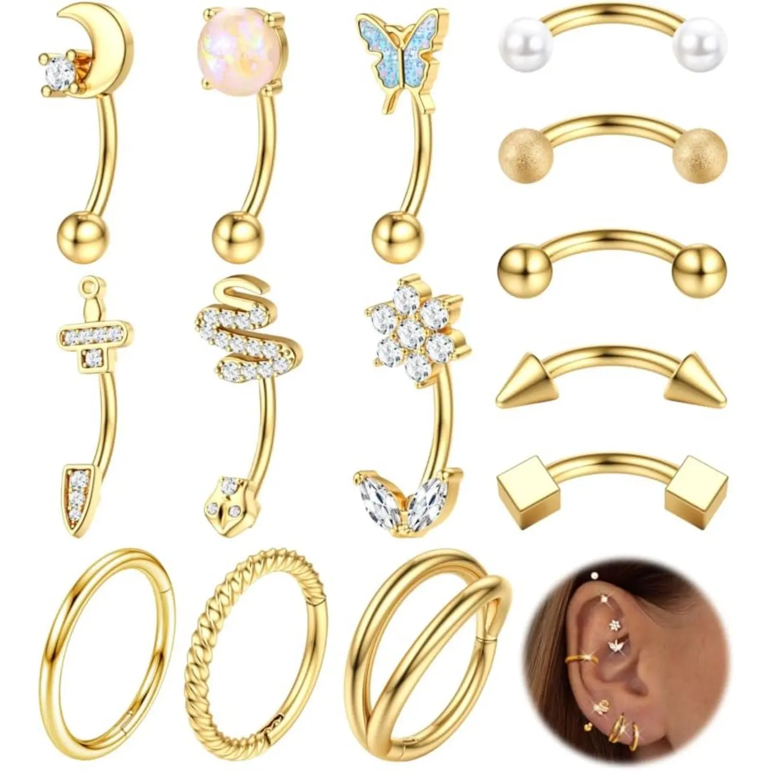 FIASASO 14-Piece 16G Surgical Stainless Steel Rook Piercing Jewelry, Lead-Free Metal Geometric Look Curved Barbells for Women’s Casual Wear & Everyday Use – Eyebrow, Belly, Lip, Cartilage, Daith, Helix, Tragus Body Piercings