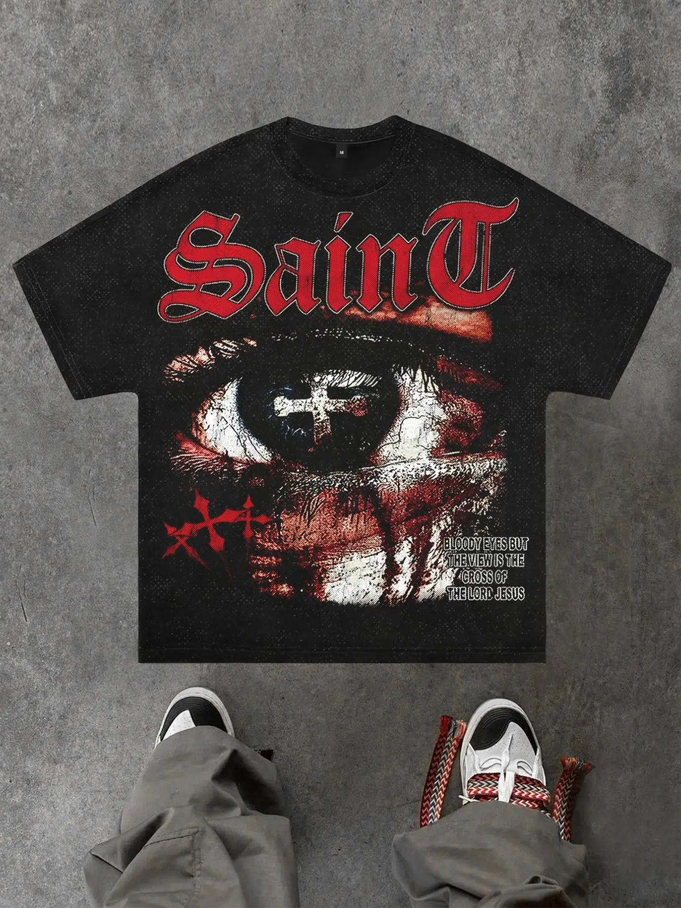 Y2K Eye Bat Sleeve Round Neck T-shirt Loose Edition, Saint Christian Saint Printed Loose Shirt for Men and Women, Sreet Life Party Nightclub Hip Hop Geometric Aesthetics Casual Black Street Wear, Christmas Saint, Streetwear