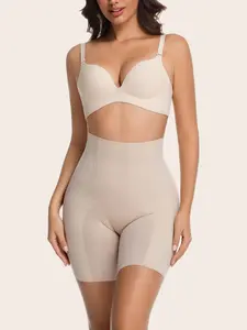 Soft Intention High Waisted Tummy Control Shapewear Shorts for Women Beige Plaid Compression Basic Everyday Style Nylon Leg Fit Fashionable Fit Minimalist Vneck