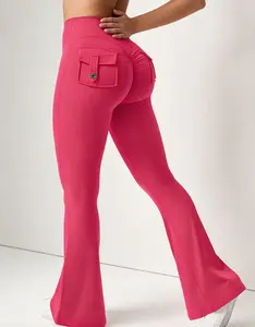 Women's High-Waisted Athleisure Style Pants - Flared Cargo Bottoms with Pockets, Hidden Pleat, Slim-Fit Blue Butt-Lifting Training Wear, Suitable for Gym, Yoga, Daily Use | Pants for Women