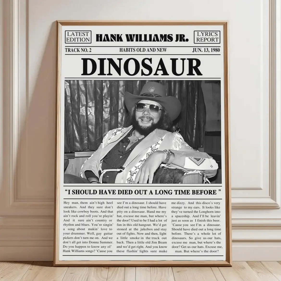 HankK William.s Jr. Retro Newspaper Print, Dinosaur Poster No Frame , Lyrics Print, H ank Williams Jr.' Poster, Habits Old and New Poster Decor Y2K Room Wall Decoration