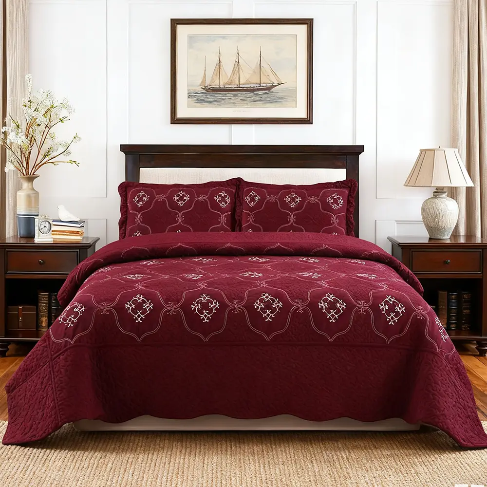 3 Pcs Luxury Oversize Quilt Bedspread Set - All-Season, Soft-Touch, Breathable, Embroidered, Scallop-Edged, Solid-Color Unique Bedding Sets for Master Bedroom Home Decor, Wrinkle-Resistant for Bed and Sofa