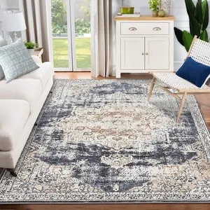 【GARVEE】Oriental Medallion Printed Area Rug, 4x6 Low Profile Pile Rubber Backing Indoor Vintage Rugs, Ideal for Living Room Dining Room Bedroom Office, Beige