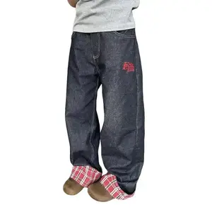 American retro plaid patchwork rolled edge women jeans high street Harajuku loose wide leg straight leg men and women pants Streetwear Menswear Trouser Low Rise Baggy Fashion